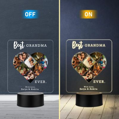 Personalized Best Grandma Ever LED Night Light, Heart Photo Collage Frame with Warm White Light Memorable Gift for Dadi Maa Surprise Gift for Dadi